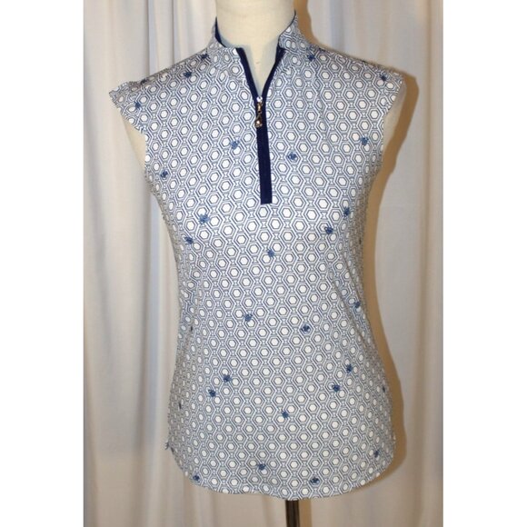 NEW SanSoleil SolCool Sleeveless Mock XS 1/4-Zip Polo White Navy Bumble Bee Prin - Picture 1 of 3